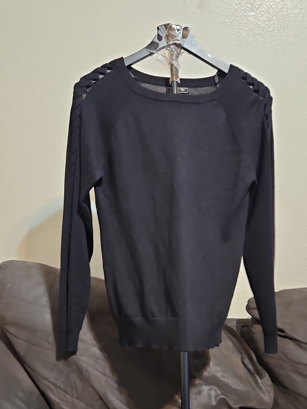 Black Crewneck Sweater with Lattice Shoulder Detail by